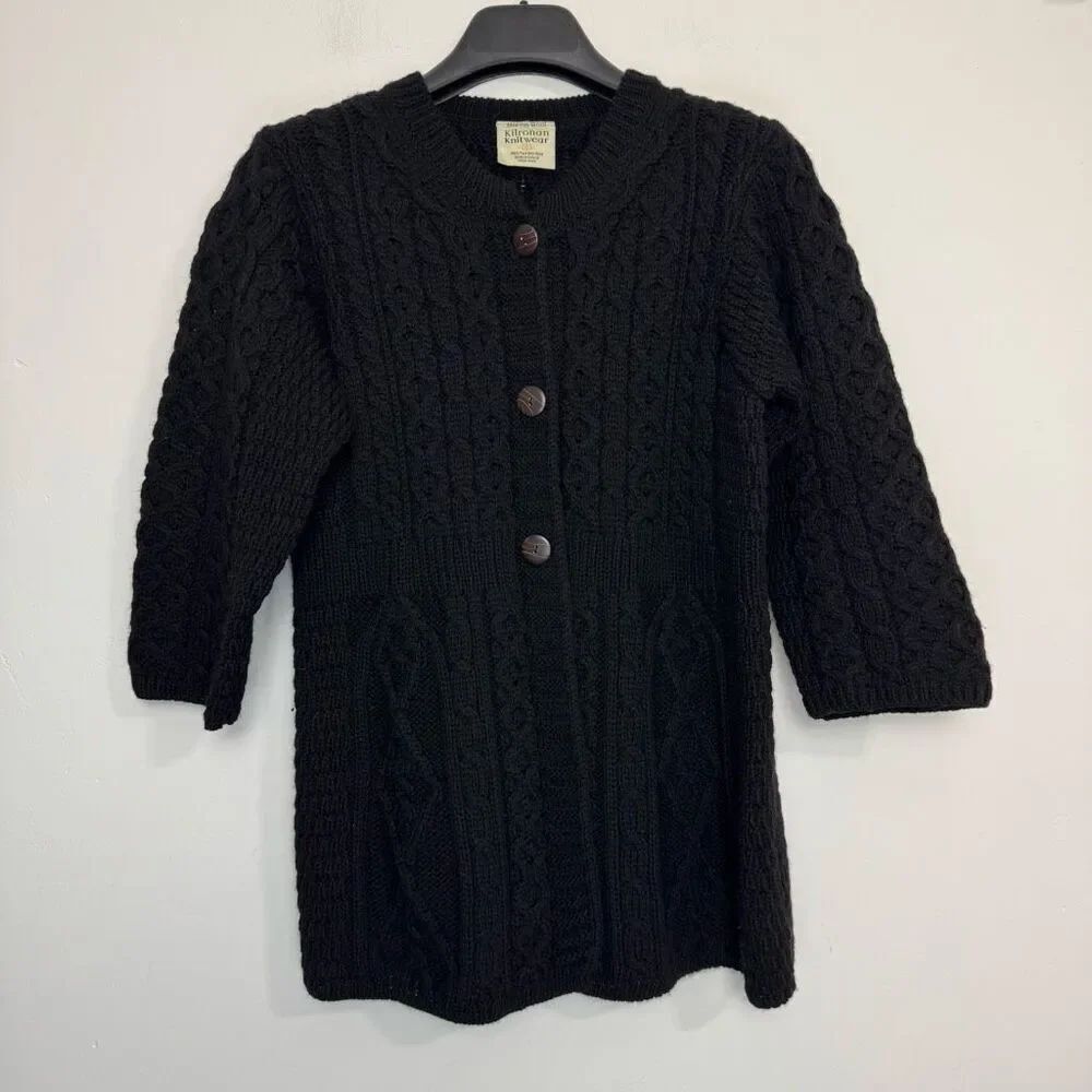 Kilronan Knitwear Black Half Sleeve Merino Wool Cardigan S